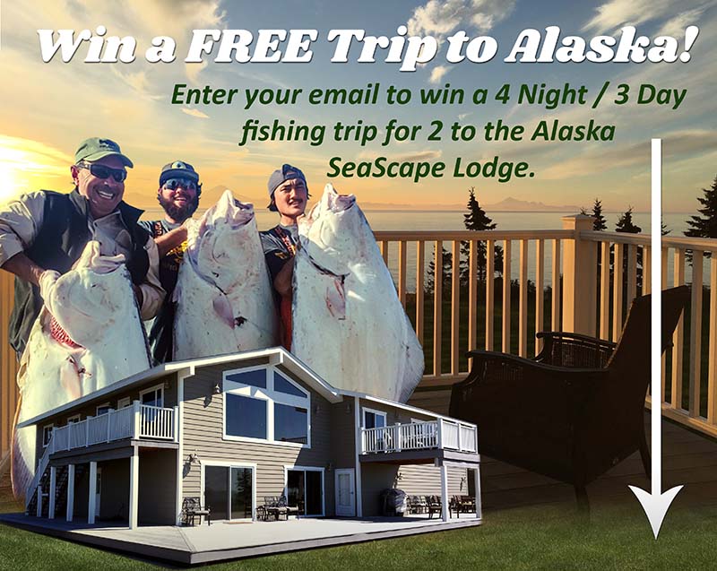 Men holding halibut. Seascape lodge. Text: Win a free trip to Alaska! (2017 contest).