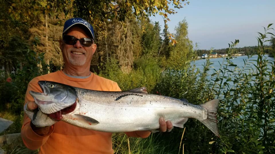 A man holding a massive king salmon on the banks of the Kenai River.
