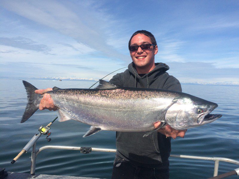 A smiling angler holding large salmon while fishing on the Cook Inlet.